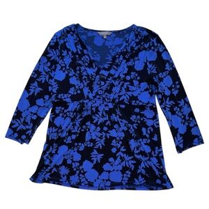 Daisy Fuentes Gathered V-Neck Black and Blue Patterned Blouse